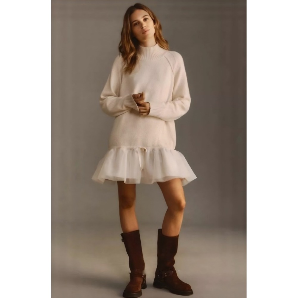 Anthropologie Babydoll Ballerina Longsleeve Cream Tulle Twofer Mini Dress sz L